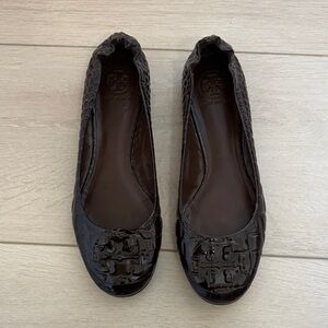 Tory Burch Dark Brown Croc Embossed Reva Flats